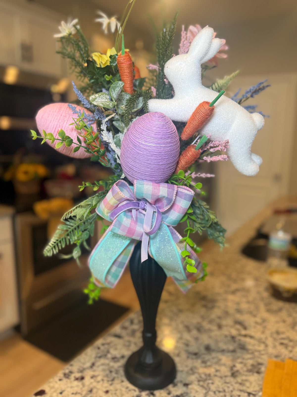 Handmade Pastel Easter Bunny Floral Centerpiece, Spring Decor Pedestal Arrangement