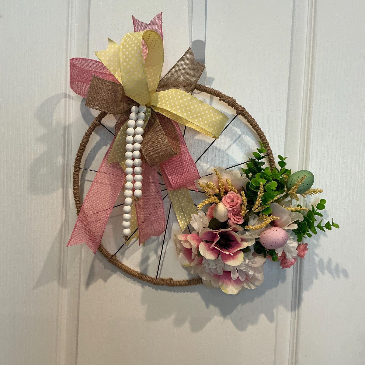 Handcrafted Easter Spoke Wheel Wreath, 14 Inch Farmhouse Spring Door Decor