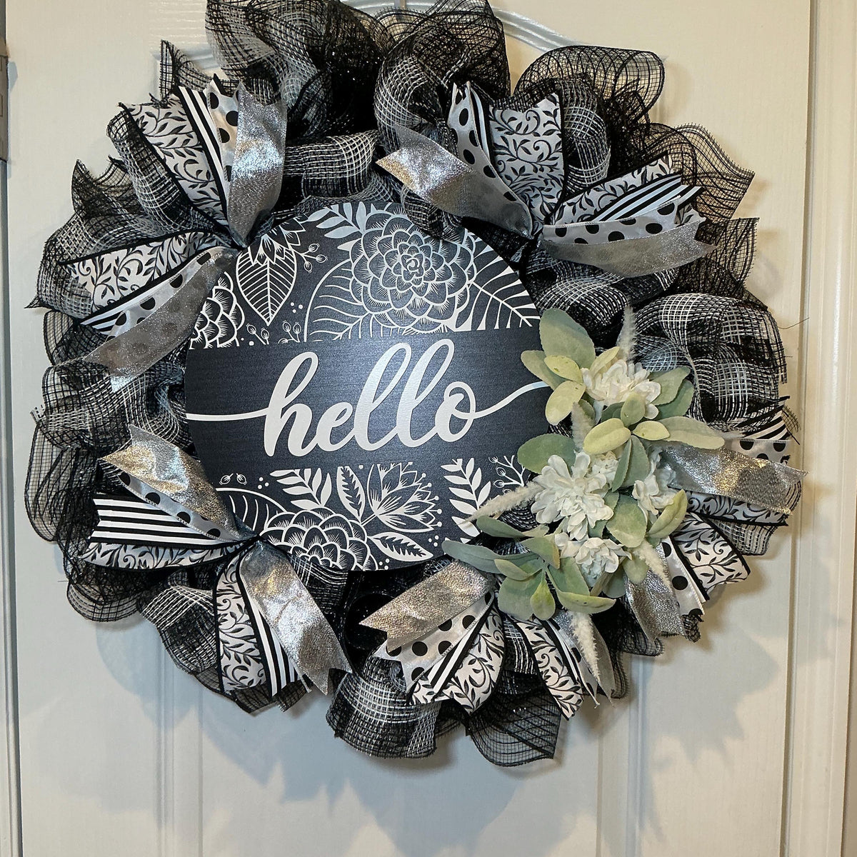 Black and White Hello Wreath with Silver Accents, Farmhouse Front Door Decor