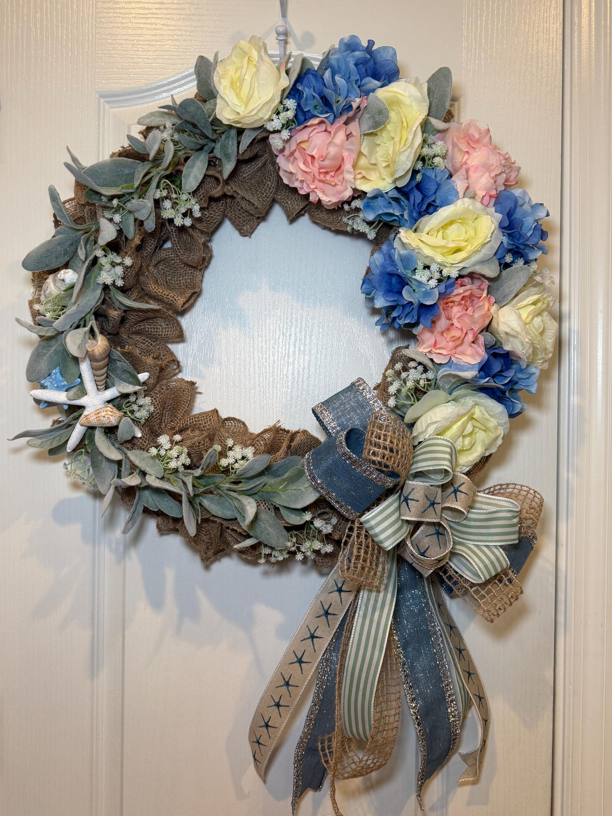 Burlap Hydrangea Coastal Wreath with Seashells, Starfish and Lambs Ear, Front Door Decor