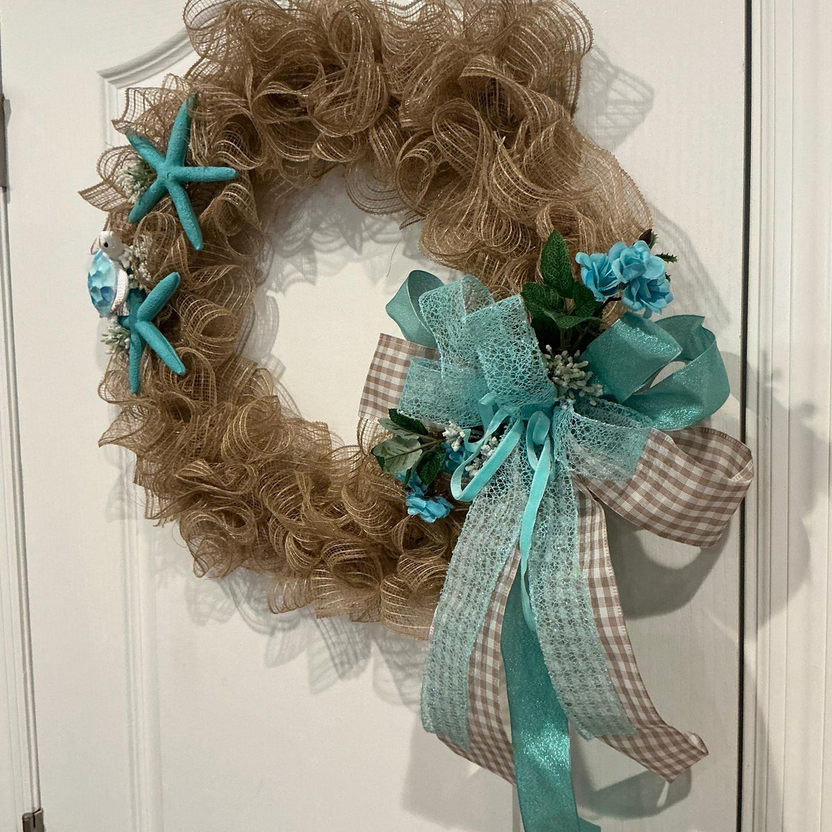Coastal Burlap Wreath, Sea Turtle Starfish, Teal Beach House Decor, Nautical Summer Door Wreath