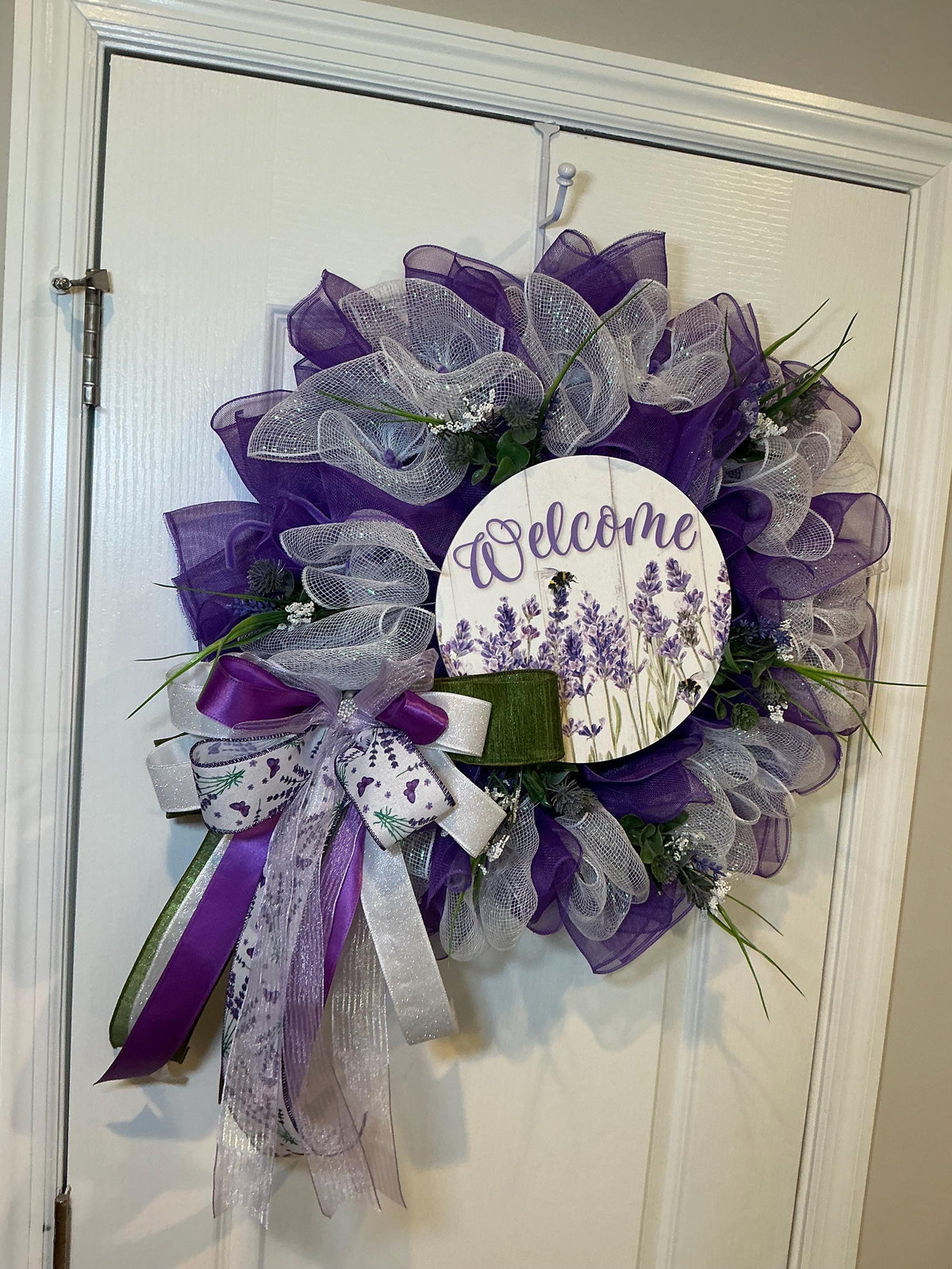 Lavender Wreath, Purple Bee Garden Decor, Designer Pearl Bow, Spring Front Door Wreath