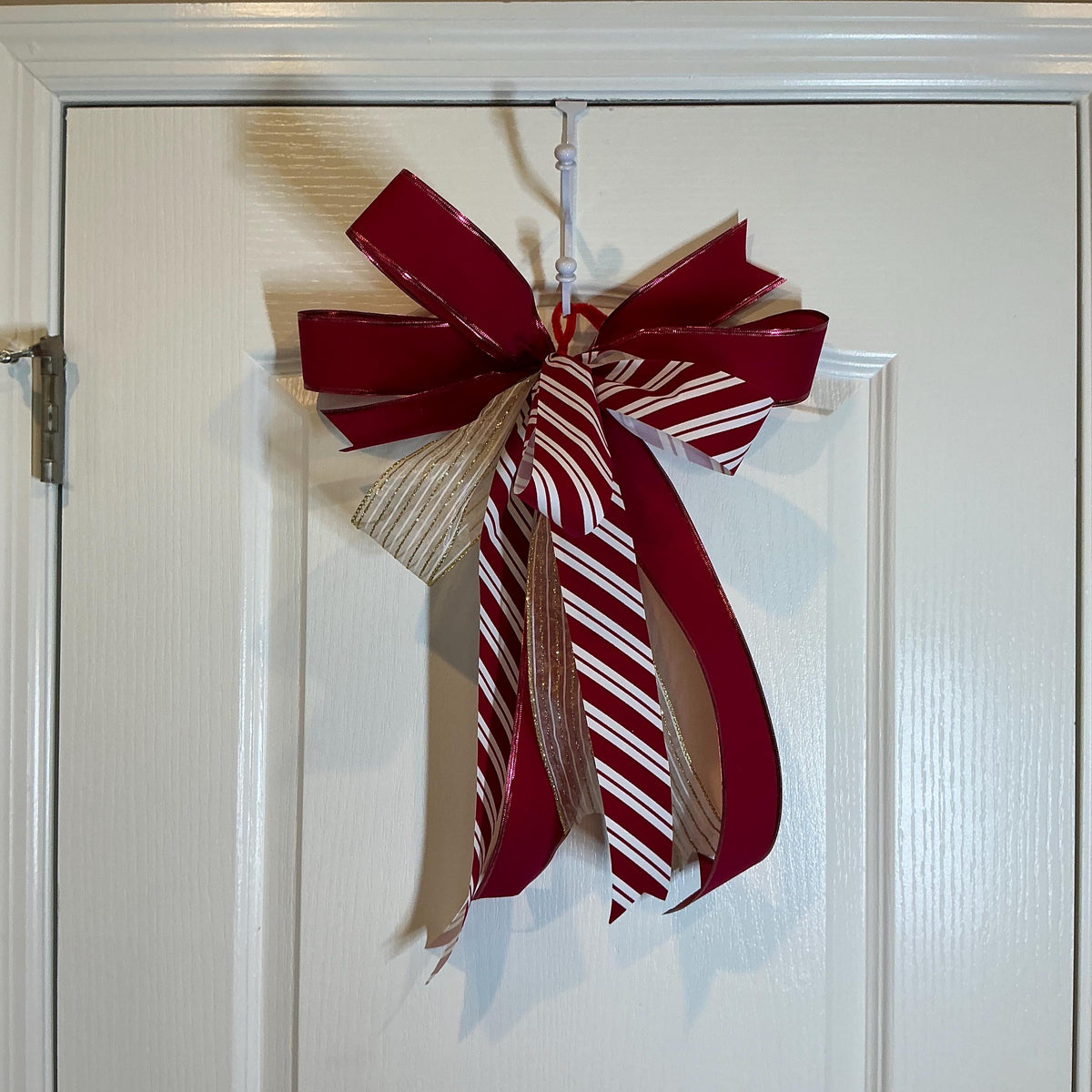 Handmade Christmas Door Bow, Red Candy Cane Stripes, Farmhouse Holiday Decor