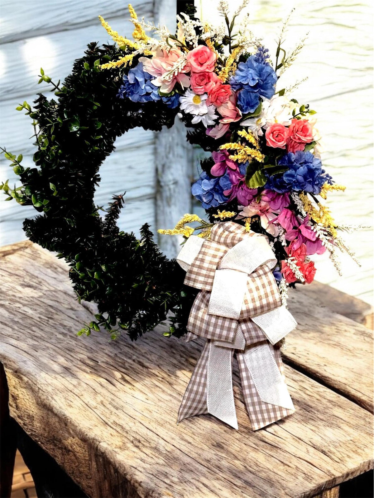 Coral Rose Farmhouse Wreath, Asymmetrical Spring Door Decor, Floral Hanger