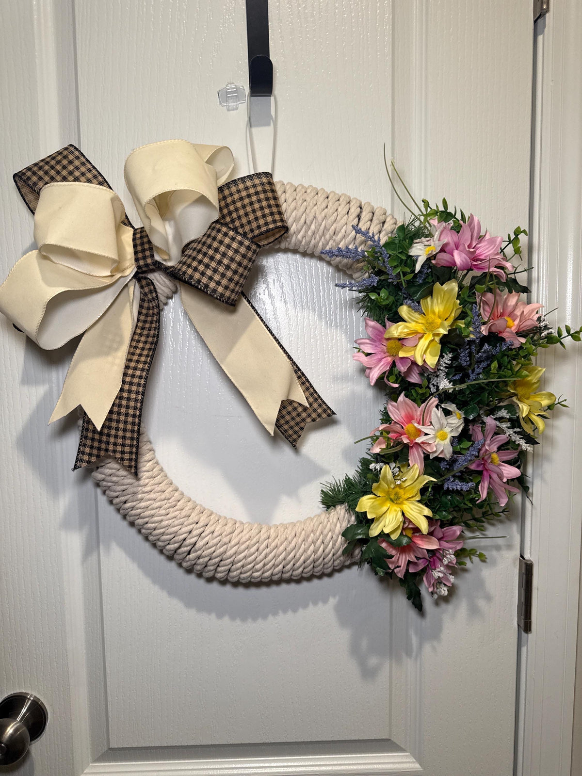 Cotton Rope Floral Wreath with Plaid Bow, Farmhouse Front Door Decor