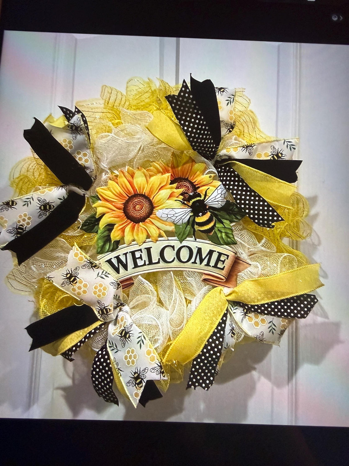Sunflower Bee Wreath with Polka Dot Ribbon, Farmhouse Summer Front Door Decor