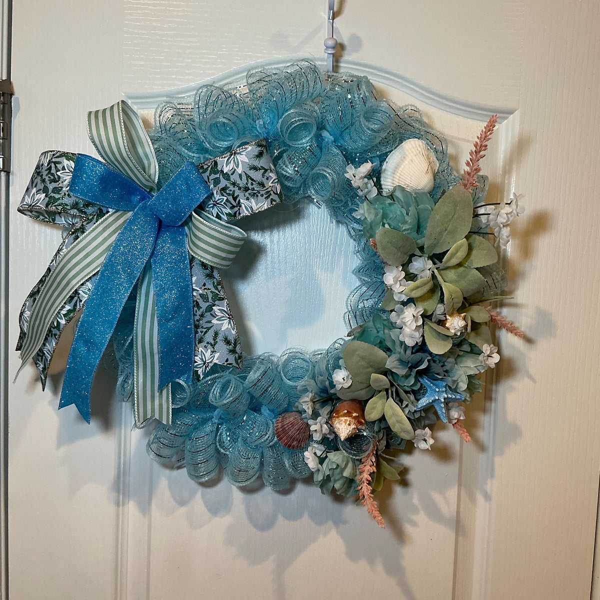 14 Inch Coastal Seashell Wreath for Storm Door with Blue Starfish and Teal Hydrangeas