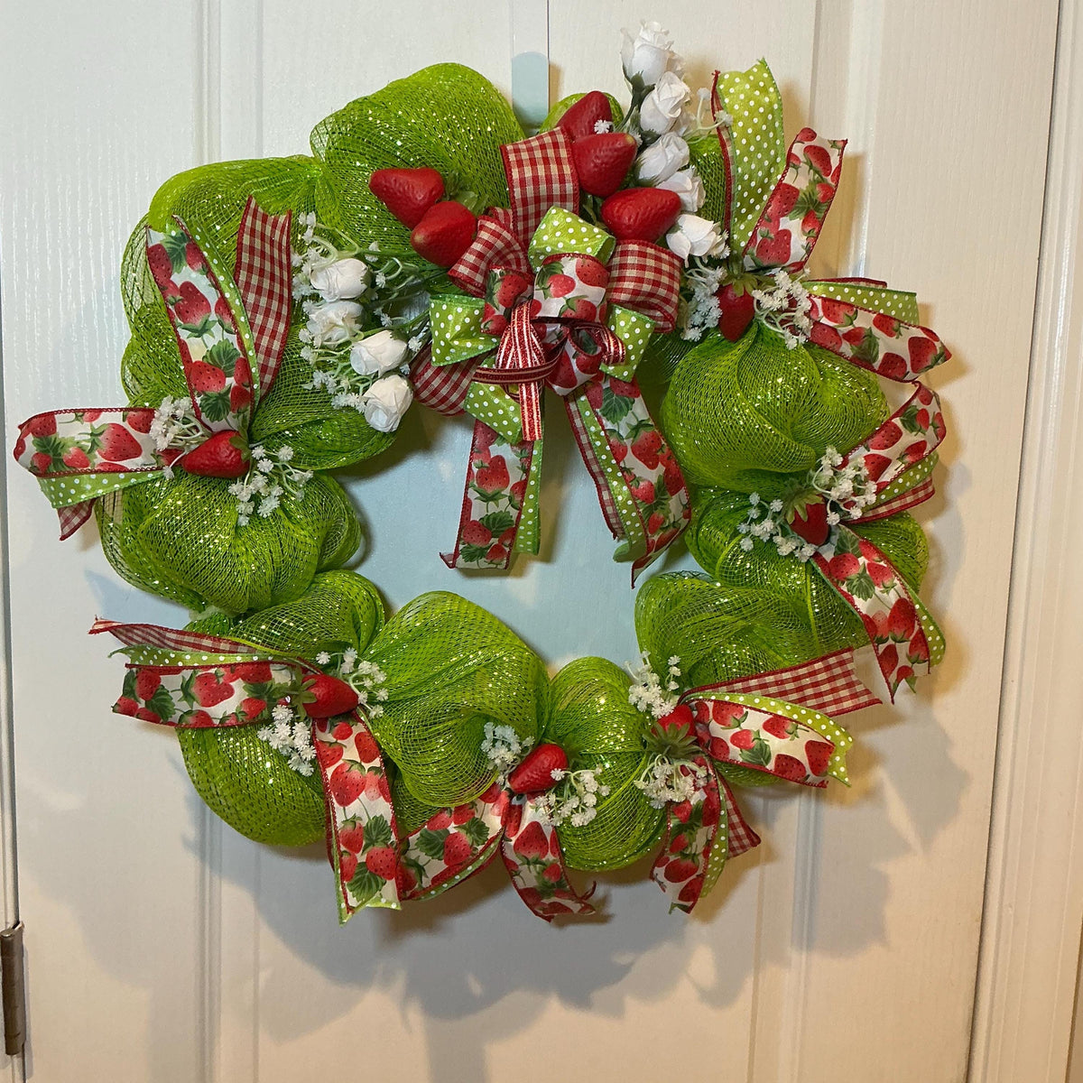 Strawberry Deco Mesh Wreath, Lime Green Front Door,  Berry Decor, Red Gingham