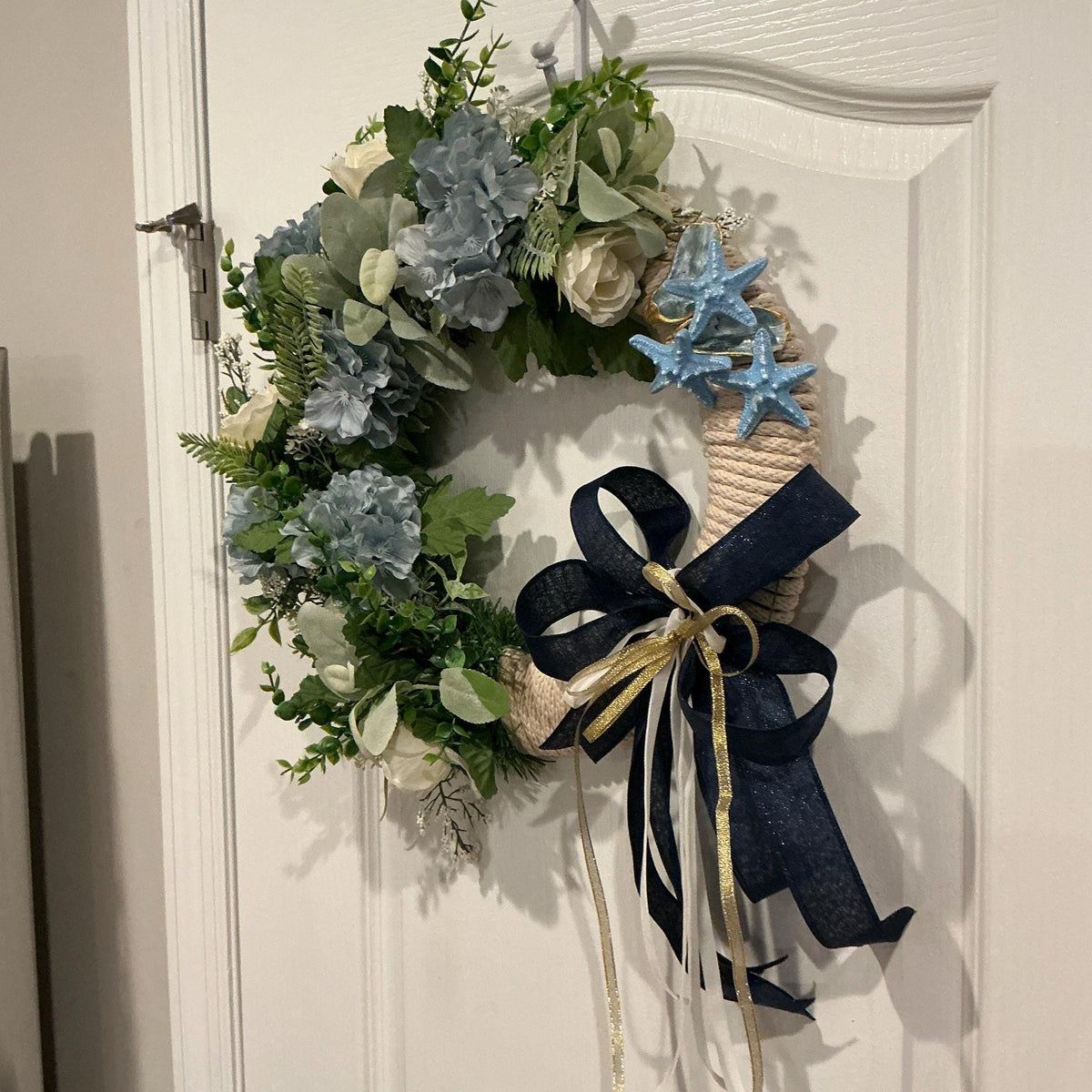 Oyster Shell Coastal Rope Wreath with Blue Hydrangea and Starfish, Nautical Door Decor
