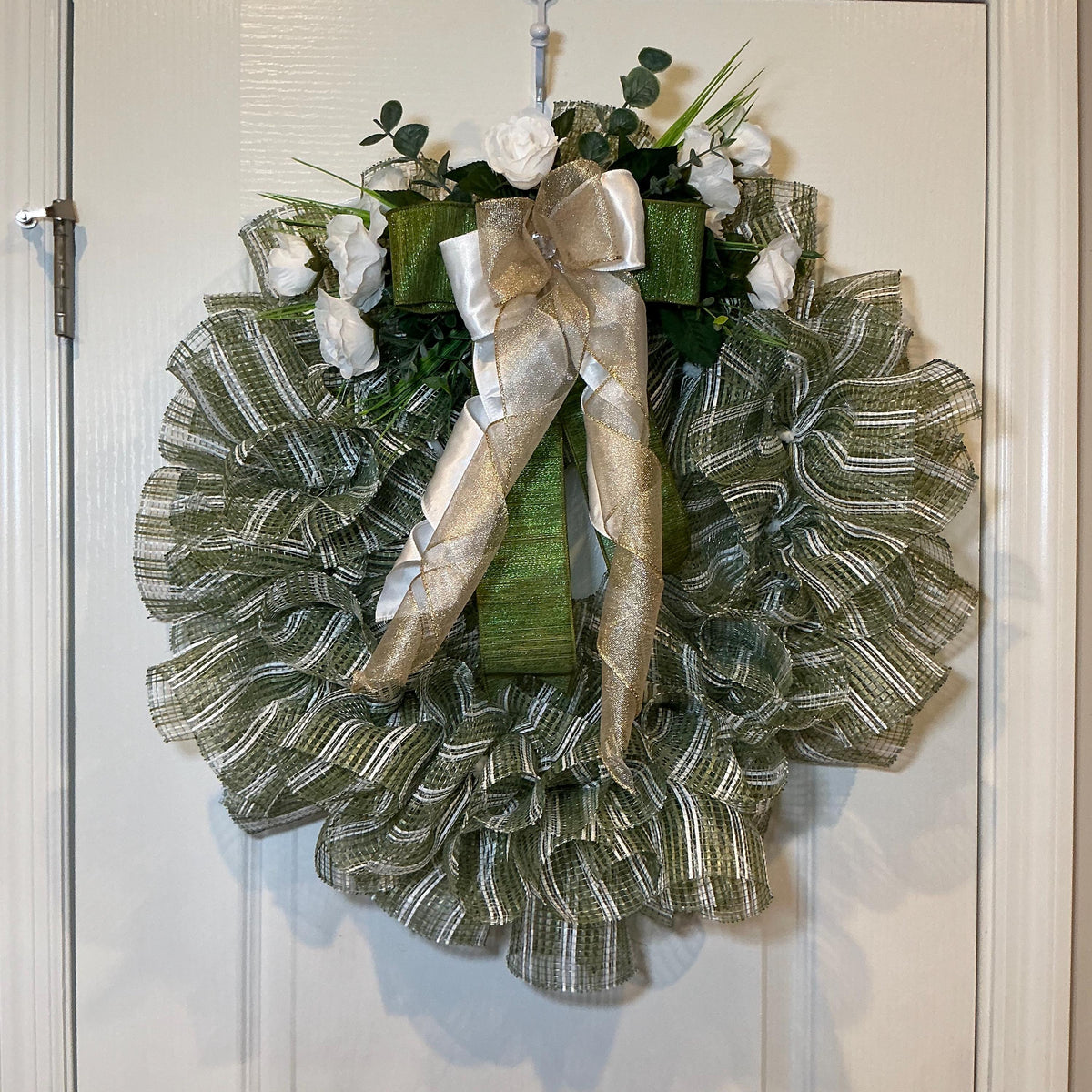 Sage Green Wreath with White Roses, Ivory Gold Bow, Farmhouse Decor