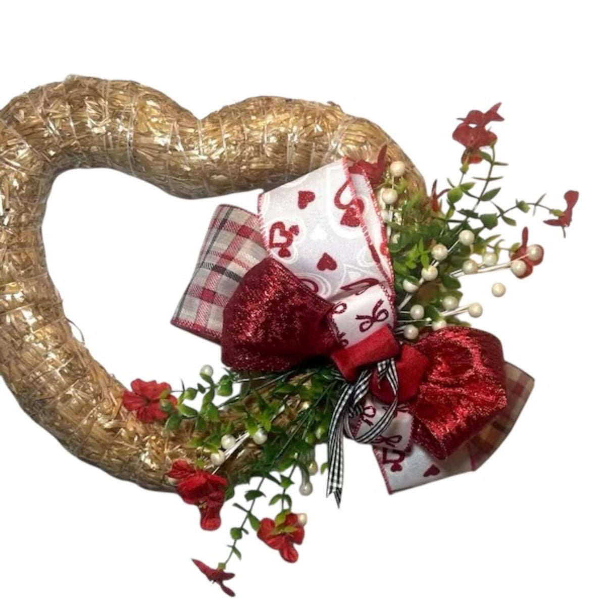 Straw Heart Wreath, Red Flowers, Elegant Ribbon, Valentine's Day Door Decor