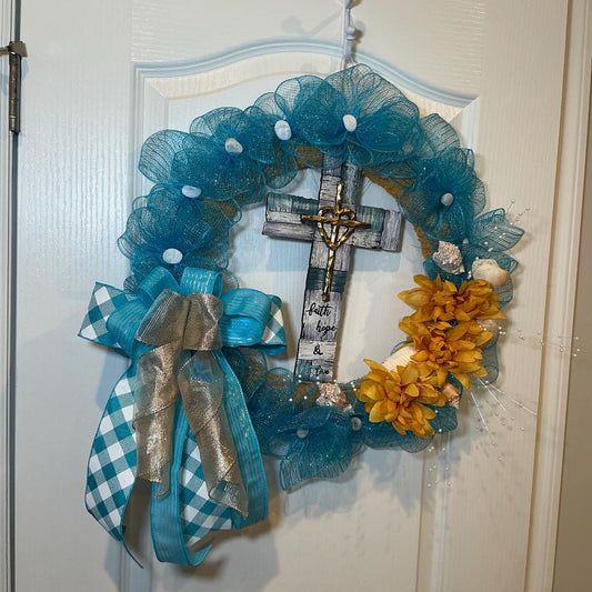Coastal Faith Wreath, Turquoise Beach Cross Decor, Faith Hope Love Seashell Religious Door Decor.