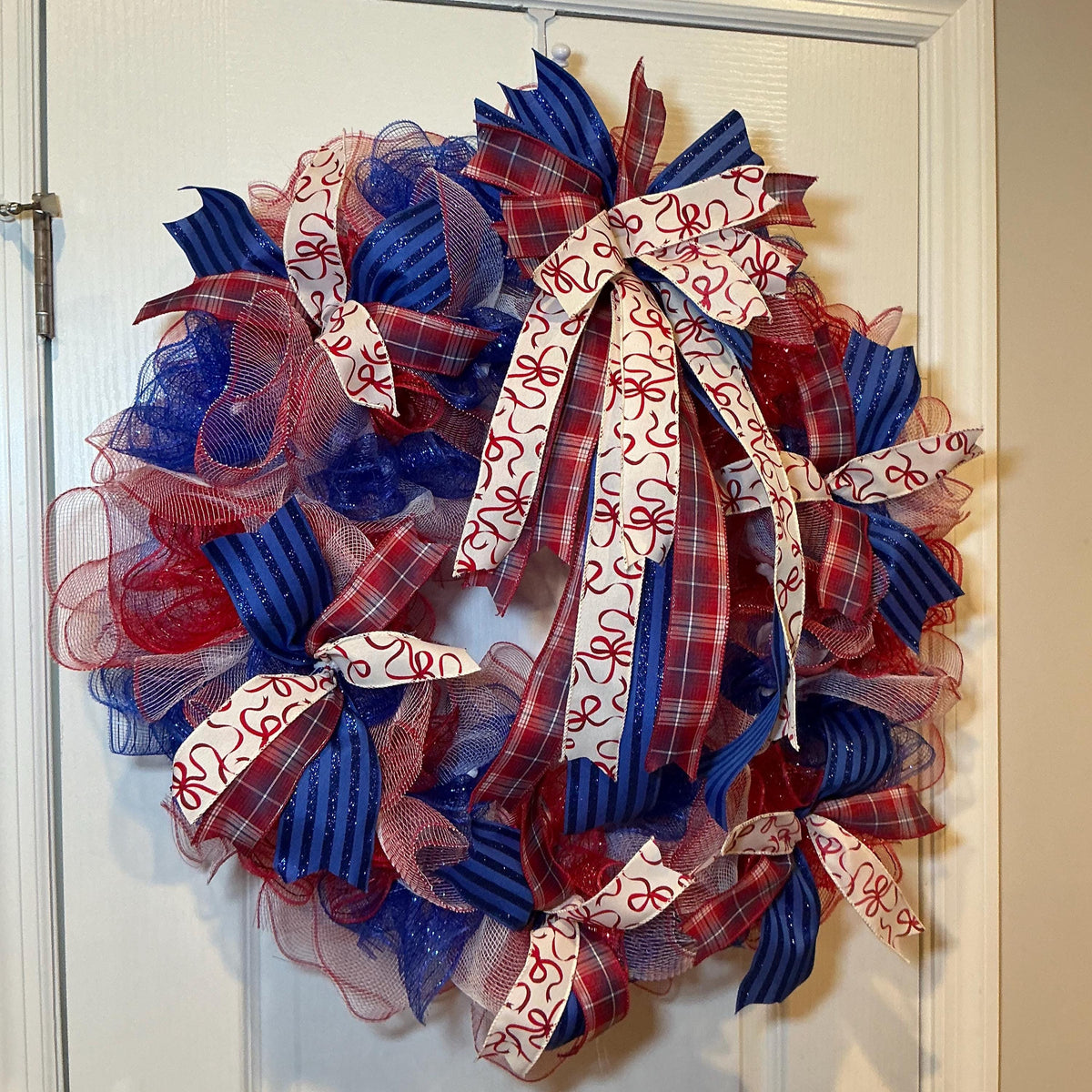 Red White Blue USA Wreath, Deco Mesh Fourth of July Front Door Decor, Americana Ribbon Bow