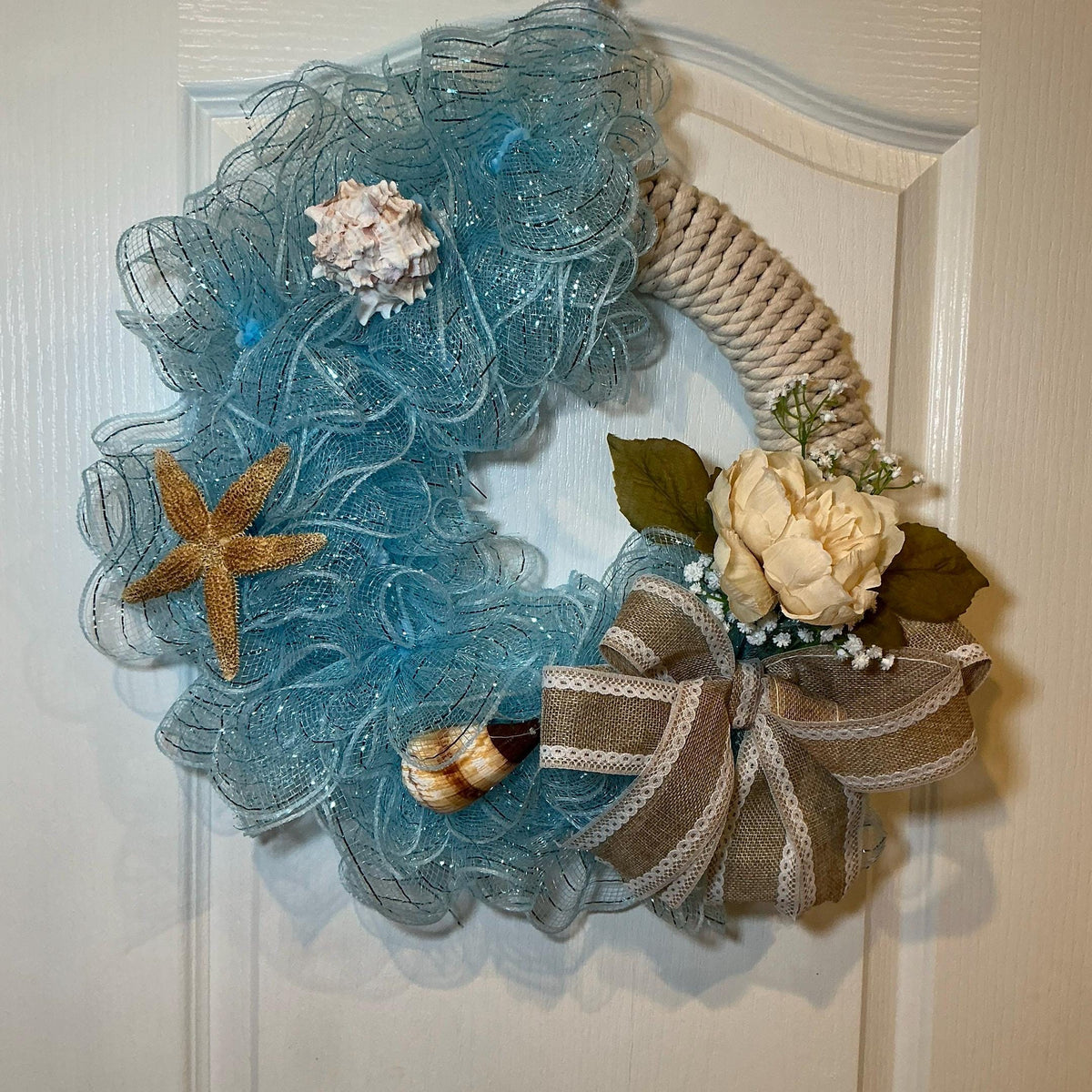 Coastal Beach Wreath with Seashells, Starfish, Rope, Burlap Bow – Front Door Decor