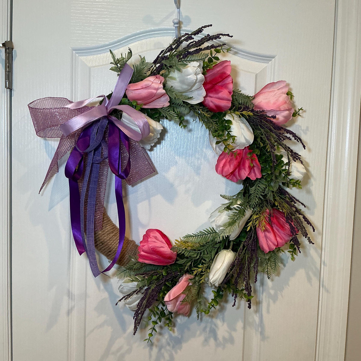 Handmade Tulip Wreath, 18 Inch Pink White Lavender Farmhouse Decor, Purple Ribbon Bow