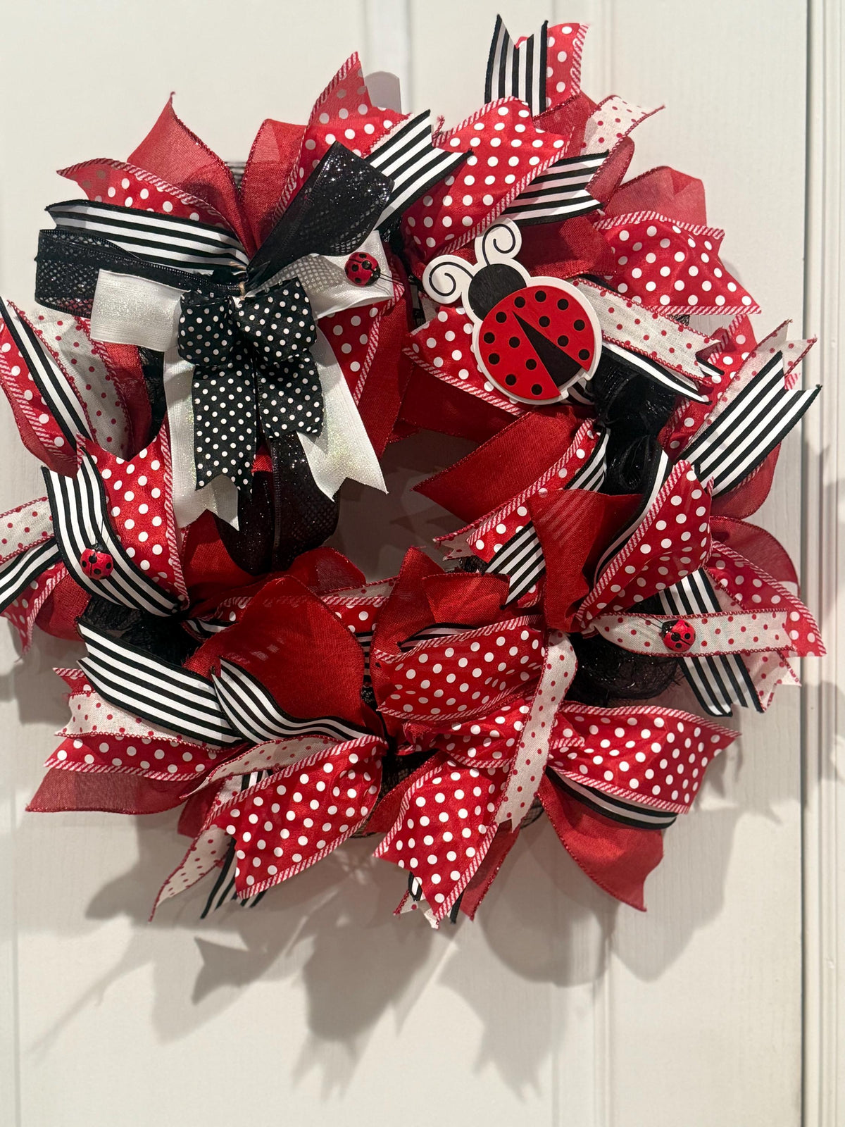 Handmade Ladybug Wreath, Red Black White Polka Dot Ribbon Door Decor, Wooden Ladybug Sign, Spring Summer Farmhouse Wreath, Entryway Gift"