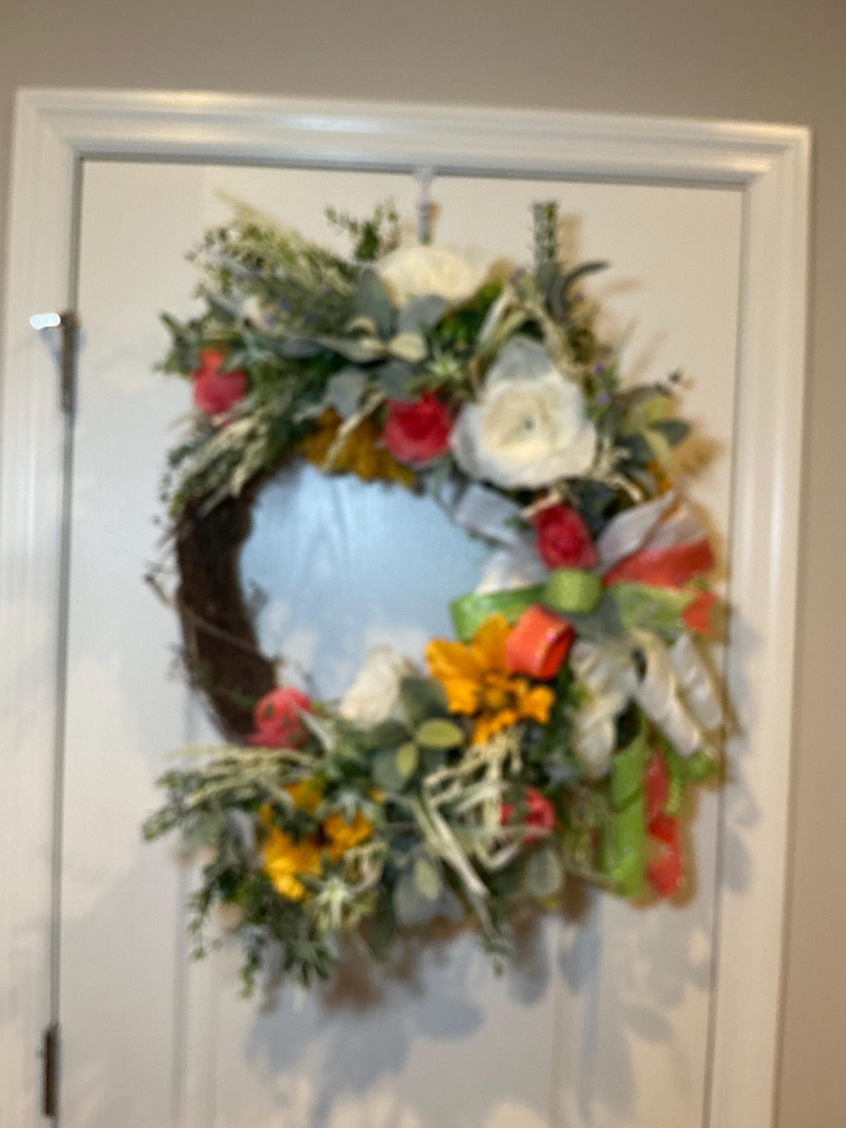 Grapevine Wreath, Coral Rose Sunflower Front Door Decor, Farmhouse Housewarming Gift, Mothers Day Wreath