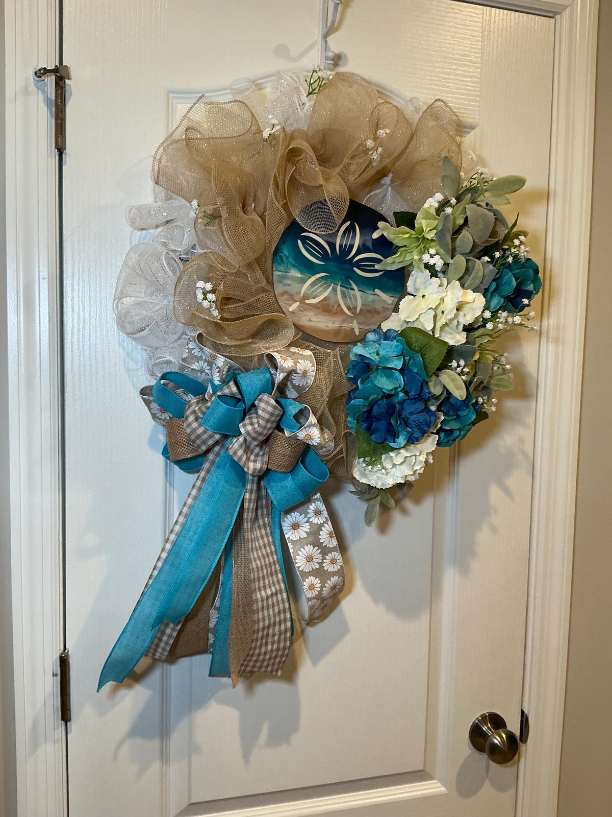 Coastal Sand Dollar Wreath, Blue Teal Hydrangea Beach Decor, Lambs Ear Summer Wreath
