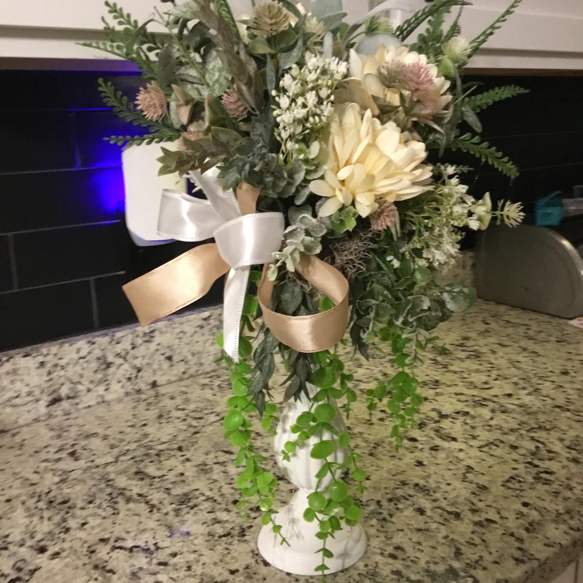 Handmade Ivory Floral Arrangement, Neutral Farmhouse Pedestal Centerpiece