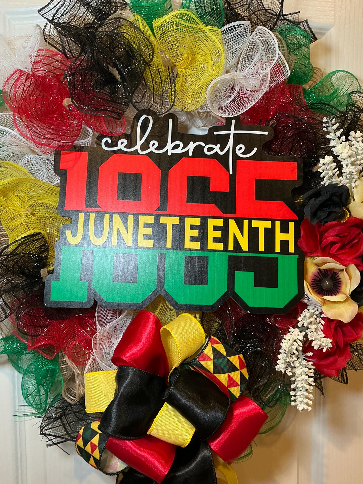 Celebrate 1865 Juneteenth Wreath, Black Red Green African American Decor, Handmade Juneteenth Gift