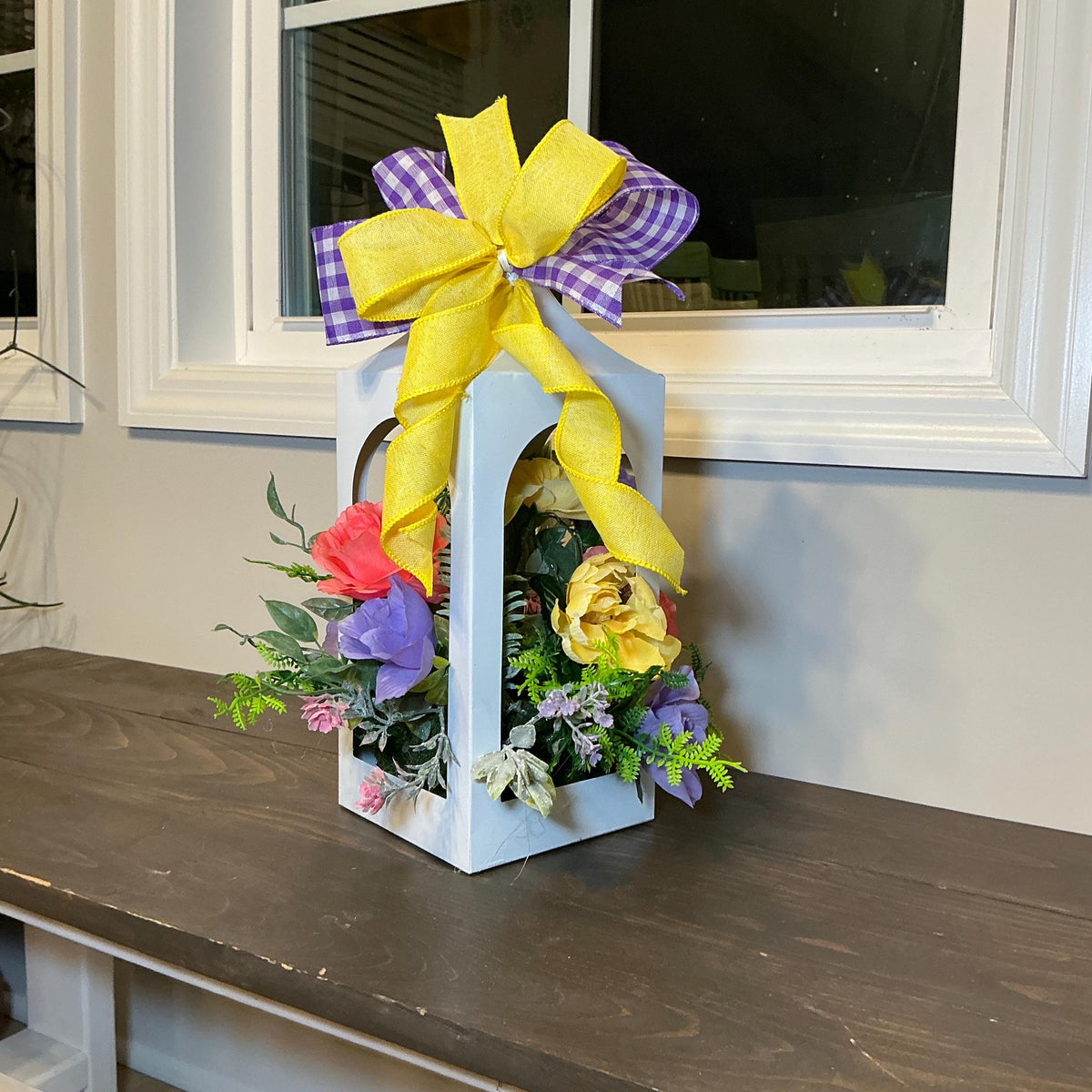 Handmade Floral Lantern Centerpiece, White Metal Yellow Roses, Purple Blooms Gingham Bow