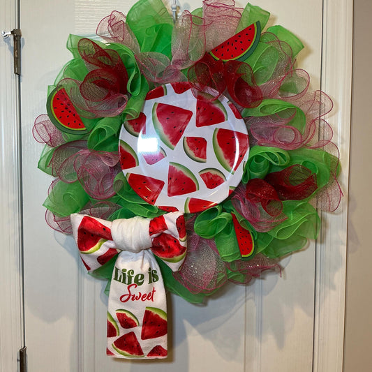 Watermelon Deco Mesh Wreath with Life Is Sweet Bow and Melamine Plate, Summer Door Decor
