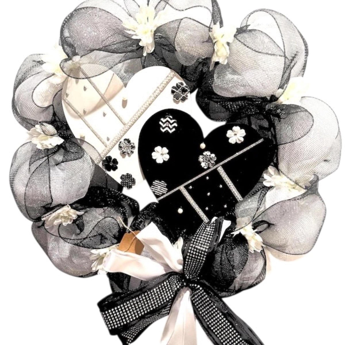 Elegant Black and White Heart Wreath, Silver Glam Door Decor, Handmade