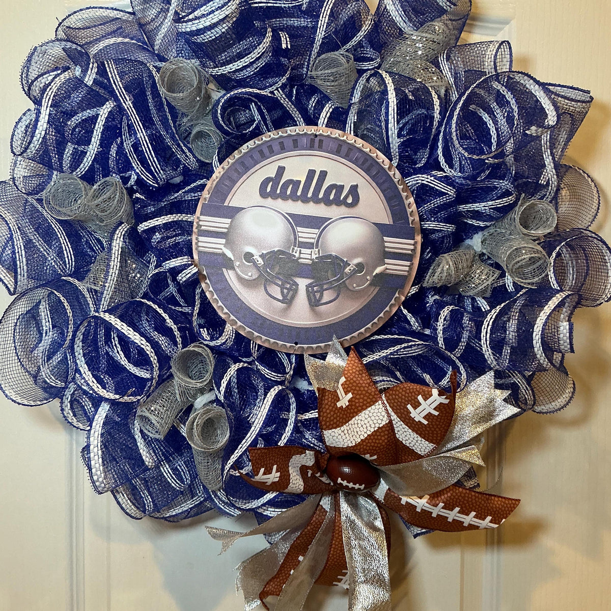 Navy Silver Star Football Wreath with Helmet Sign, Game Day Man Cave Decor