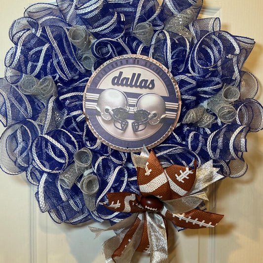 Navy Silver Star Football Wreath with Helmet Sign, Game Day Man Cave Decor