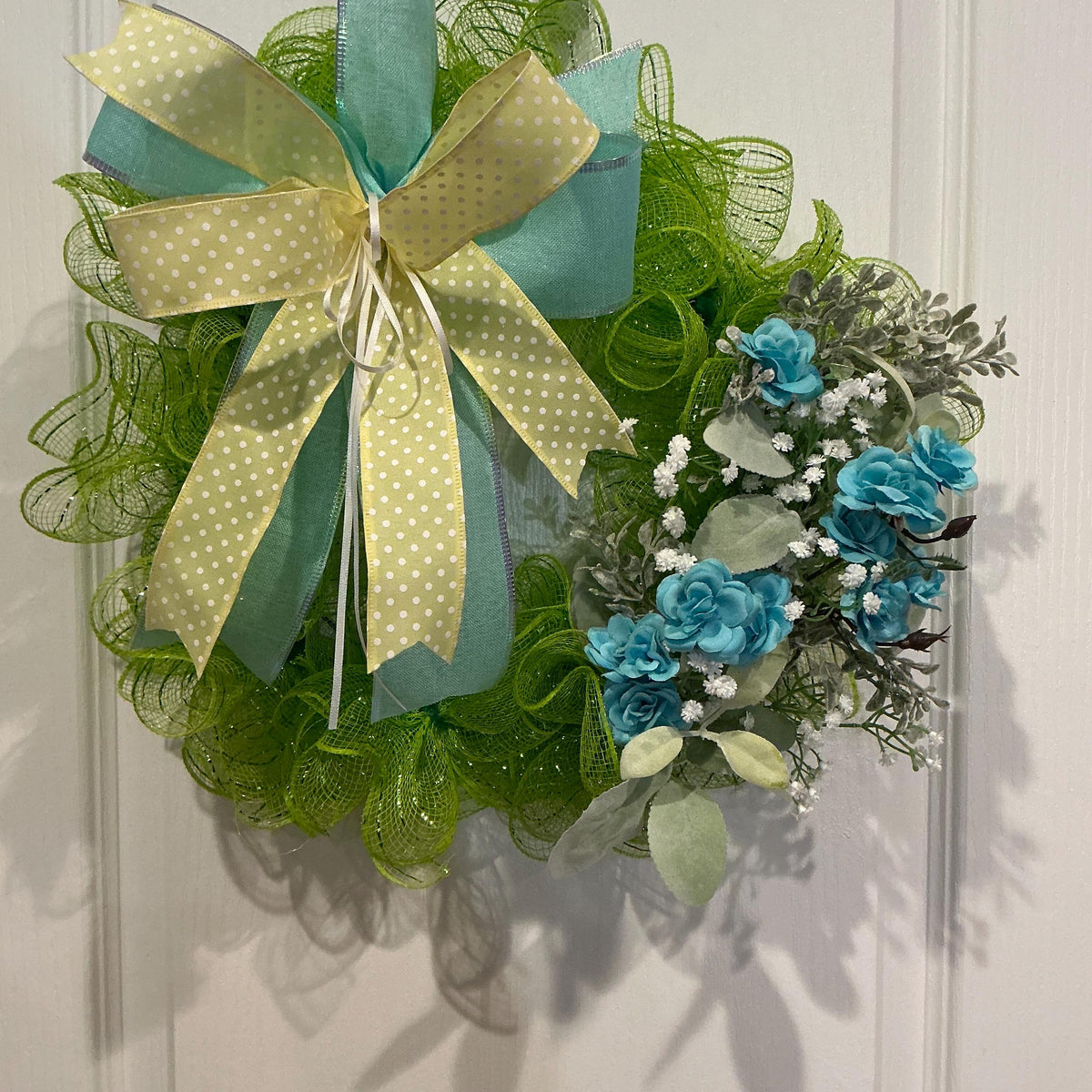 Blue Rose Front Door Wreath, Lime Green Farmhouse Decor, Floral Wreath, Handmade 12 Inch