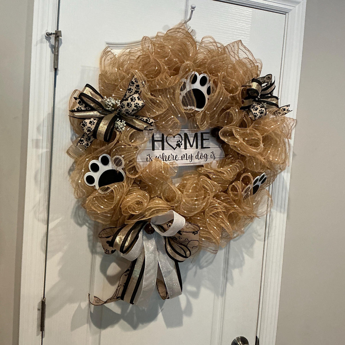 Home Is Where My Dog Is Wreath with Paw Prints, Farmhouse Dog Mom Door Decor