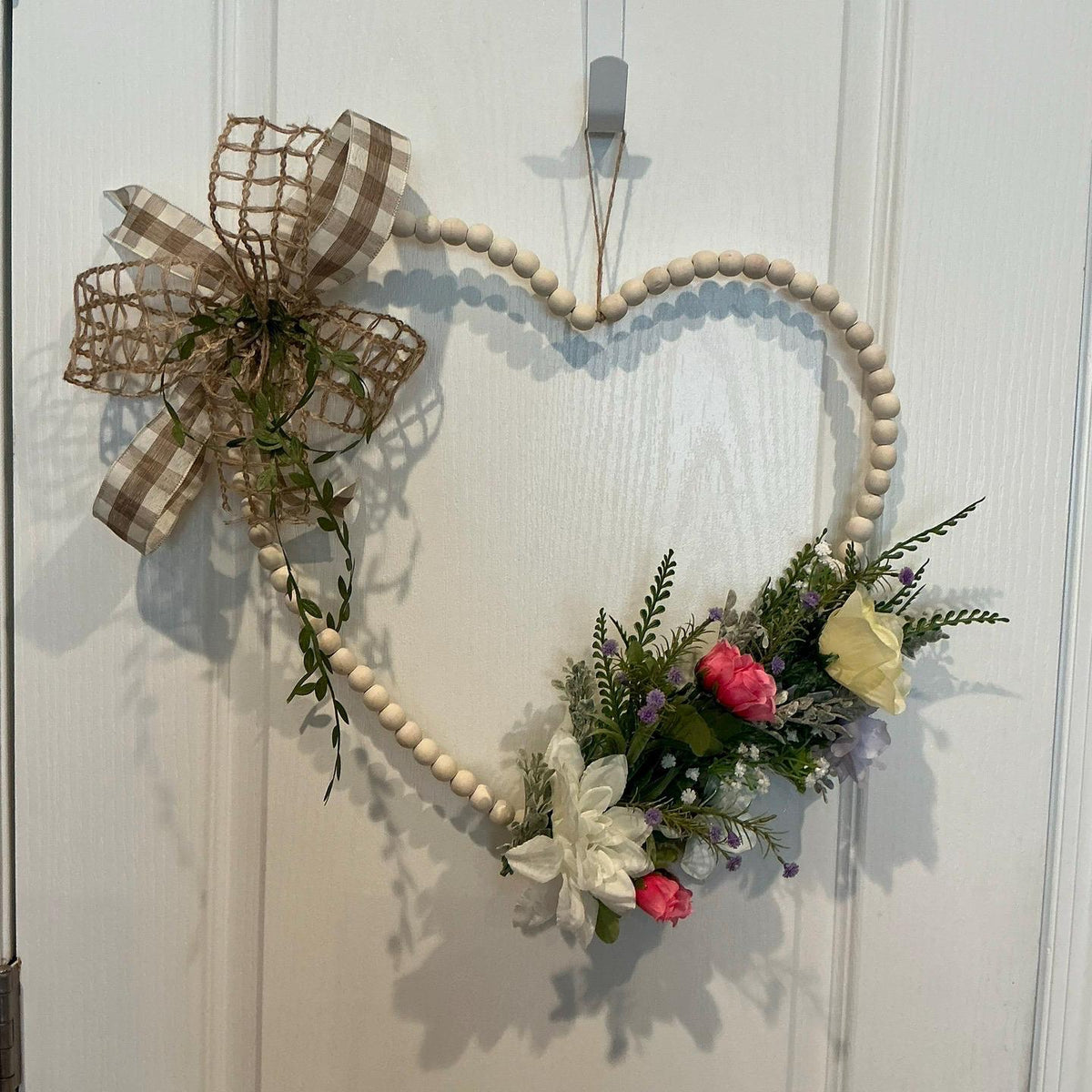 Handmade Heart Wreath, Wood Beads, Pastel Florals, Buffalo Plaid Bow, Farmhouse Door Hanger