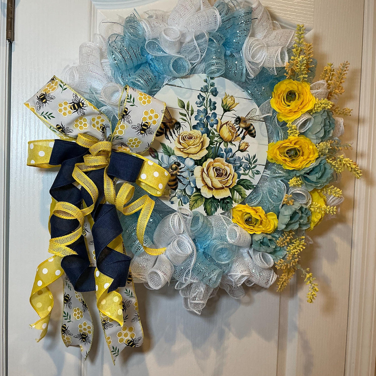 Bee Wreath for Front Door, Honeybee Floral Sign, Yellow Blue Summer Decor, Handmade
