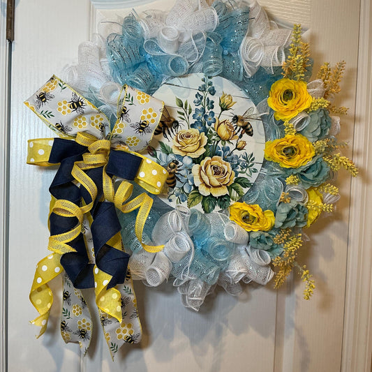 Bee Wreath for Front Door, Honeybee Floral Sign, Yellow Blue Summer Decor, Handmade