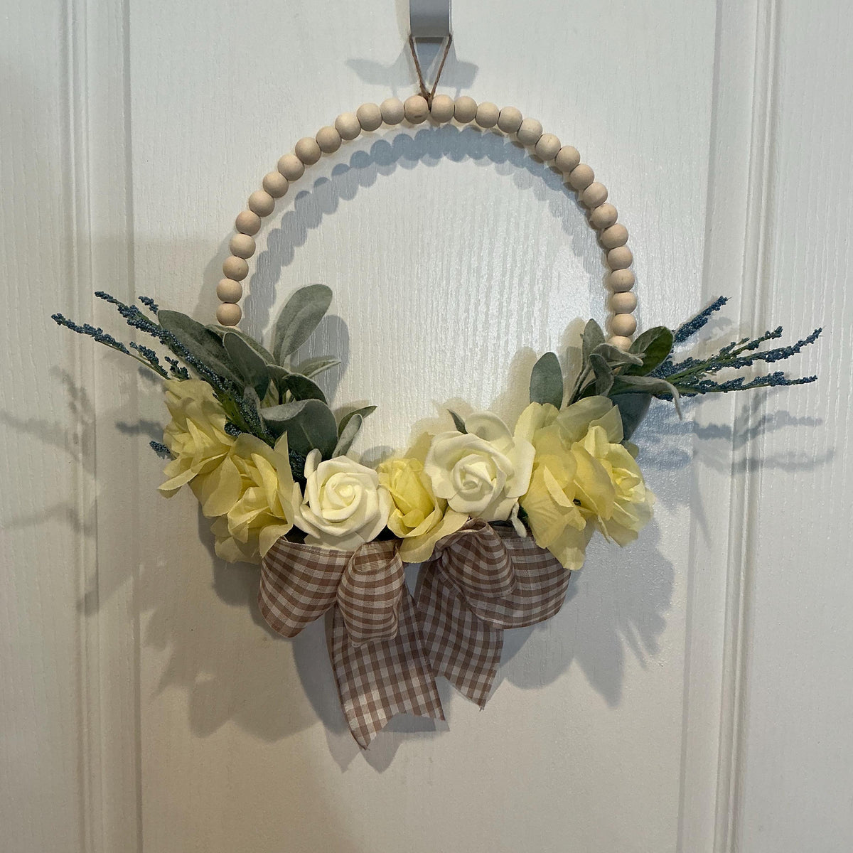 Handmade Yellow Rose Lambs Ear Wreath, Wooden Bead Ring, Spring Floral Decor