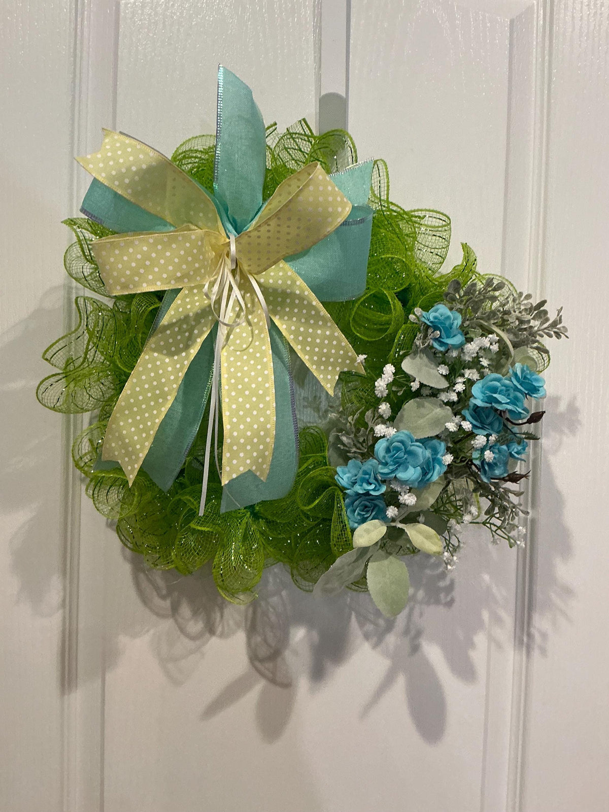 Blue Rose Front Door Wreath, Lime Green Farmhouse Decor, Floral Wreath, Handmade 12 Inch