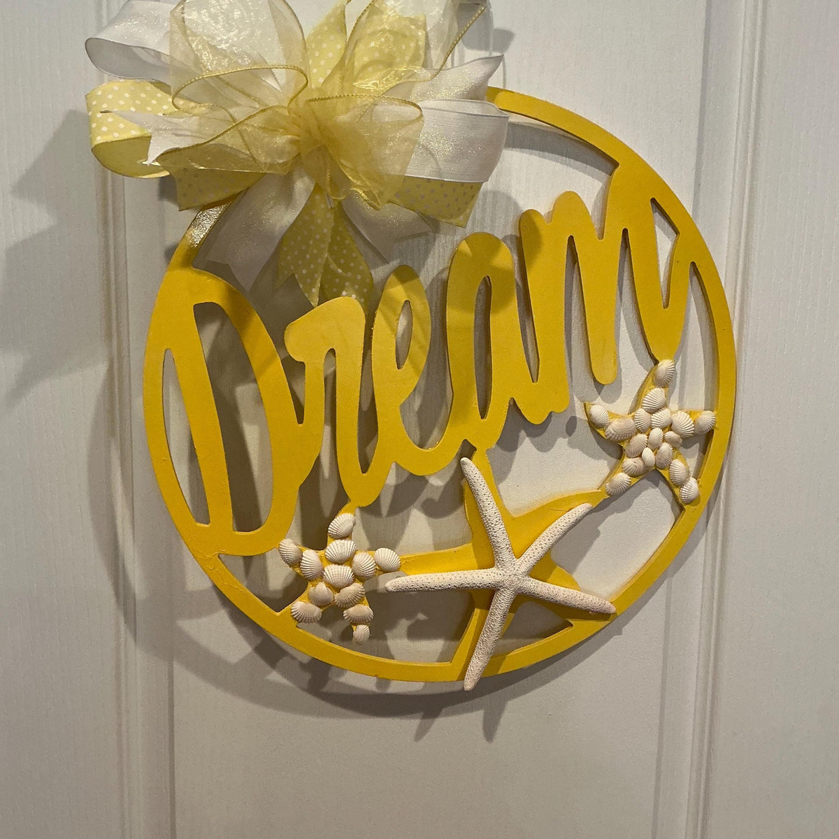 Yellow Wood Door Hanger, Coastal Beach Decor, Starfish Shell Summer Sign