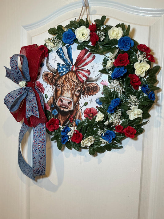 14 Inch Highland Cow Patriotic Wreath with Red White Blue Florals, Front Door Decor