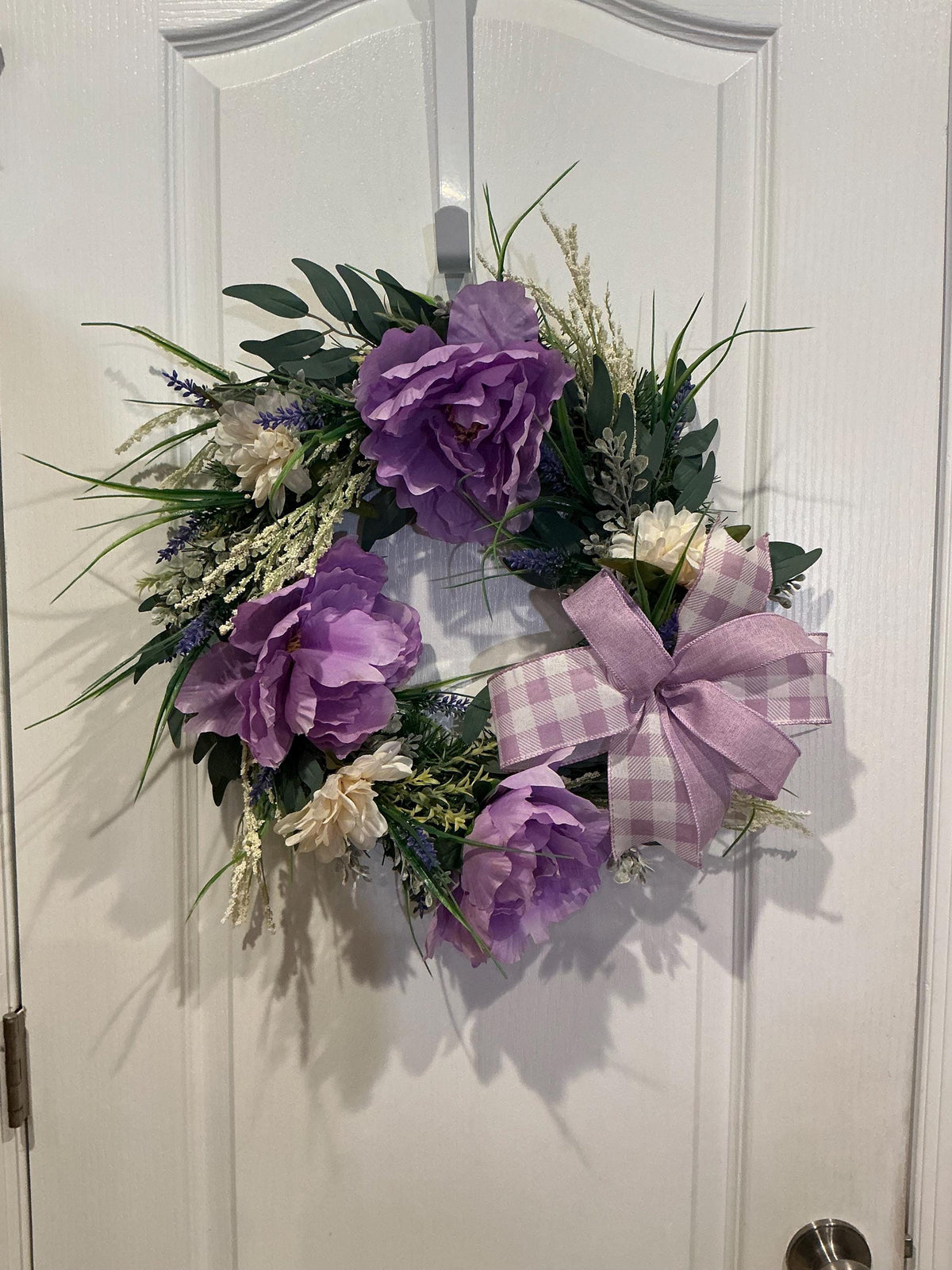 Lavender Peony Wreath, Farmhouse Floral Door Decor, Buffalo Plaid Bow