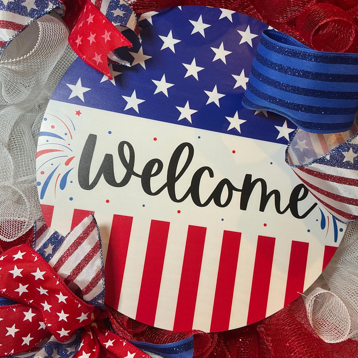 Handmade Americana Wreath, Red White Blue Welcome Sign, Independence Day Decor