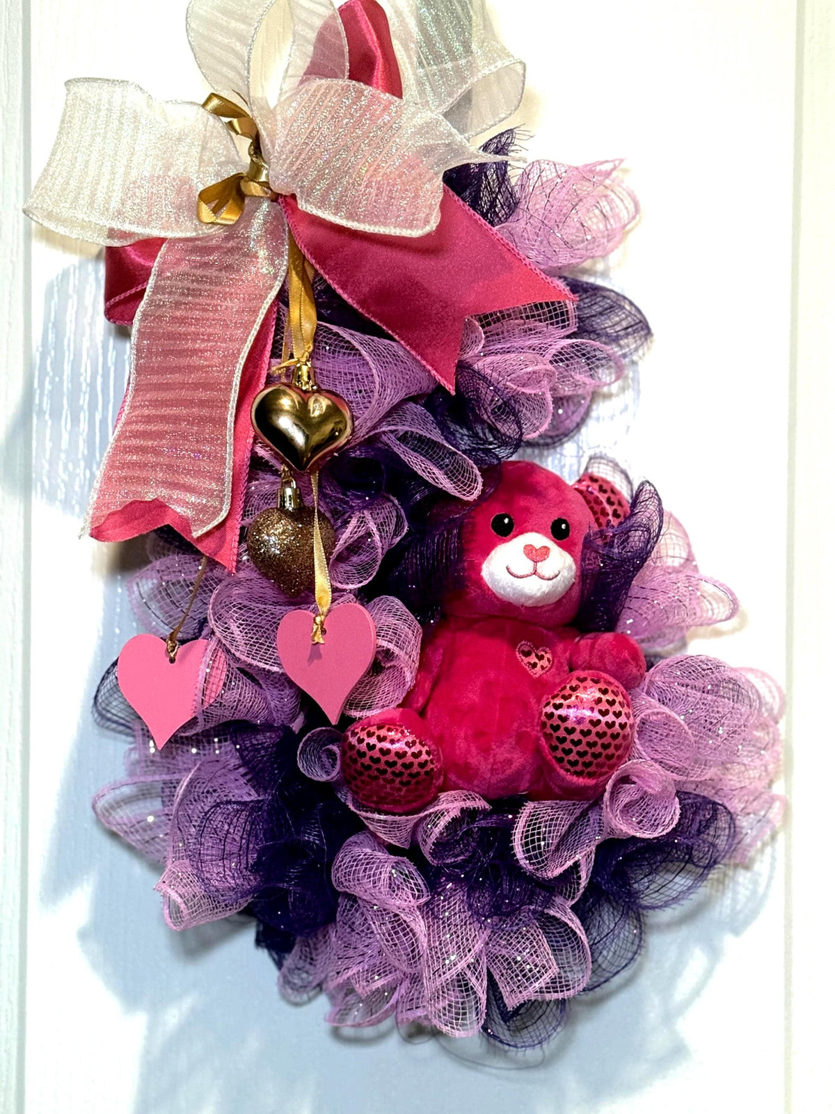Teddy Bear Valentine's Day Door Hanger, Pink Purple Heart Decor
