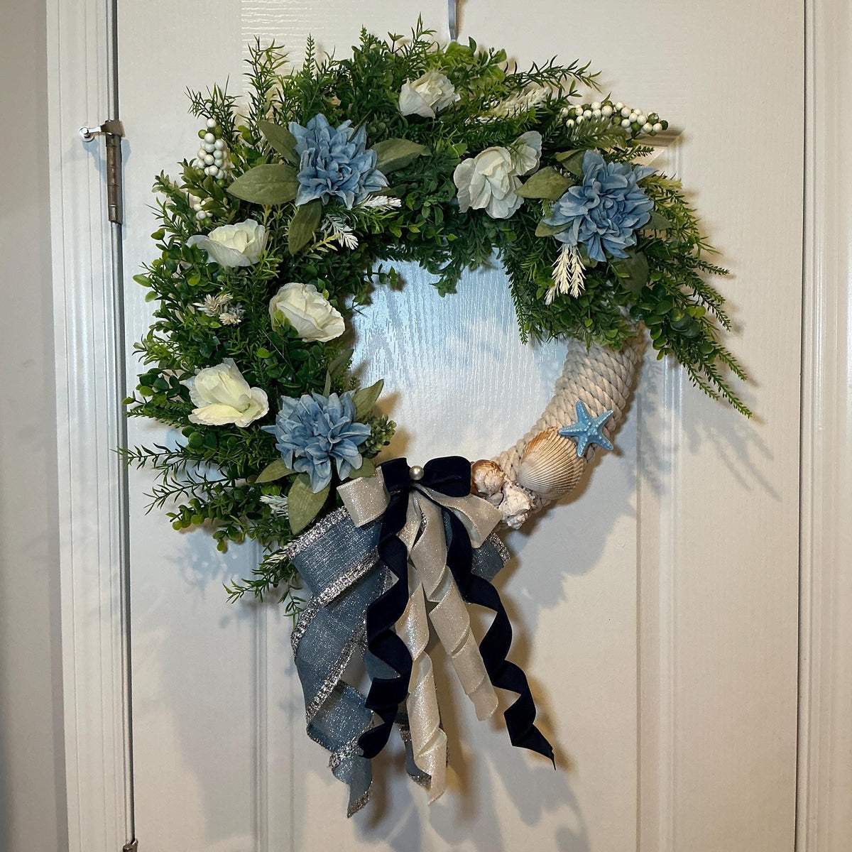Blue Dahlia White Rose Coastal Wreath, Seashell Starfish, Navy Bow, Rope Base, 16 Inch Front Door Decor, Handmade
