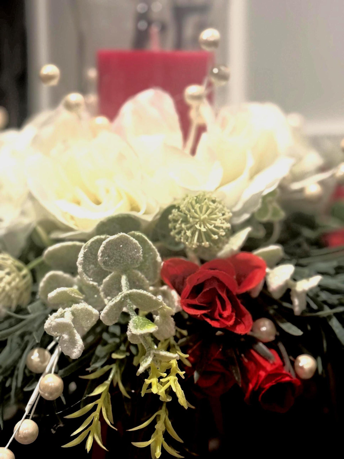Vintage Valentine Candle Centerpiece: Red Roses, Pearl Berries