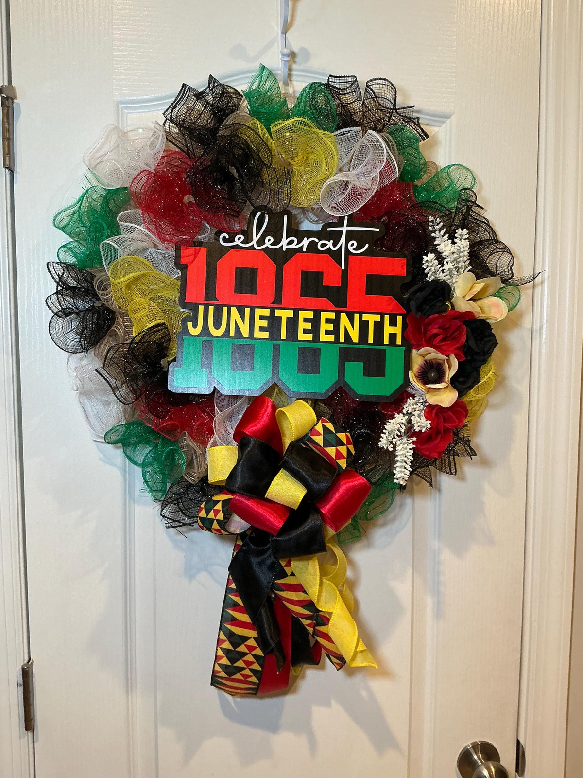Celebrate 1865 Juneteenth Wreath, Black Red Green African American Decor, Handmade Juneteenth Gift