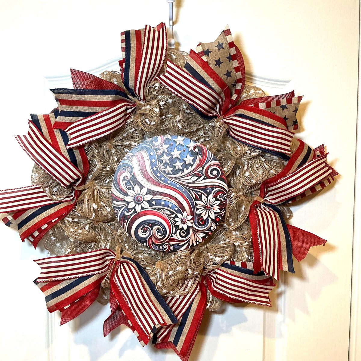 Paisley Star Americana Wreath, Red White Blue Stars and Stripes, Fourth of July Decor