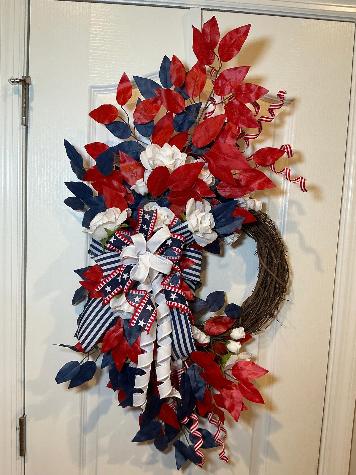 Patriotic Grapevine Wreath, Red White Blue Front Door Wreath, Americana Star Ribbon Bow, USA Summer Porch Decor.