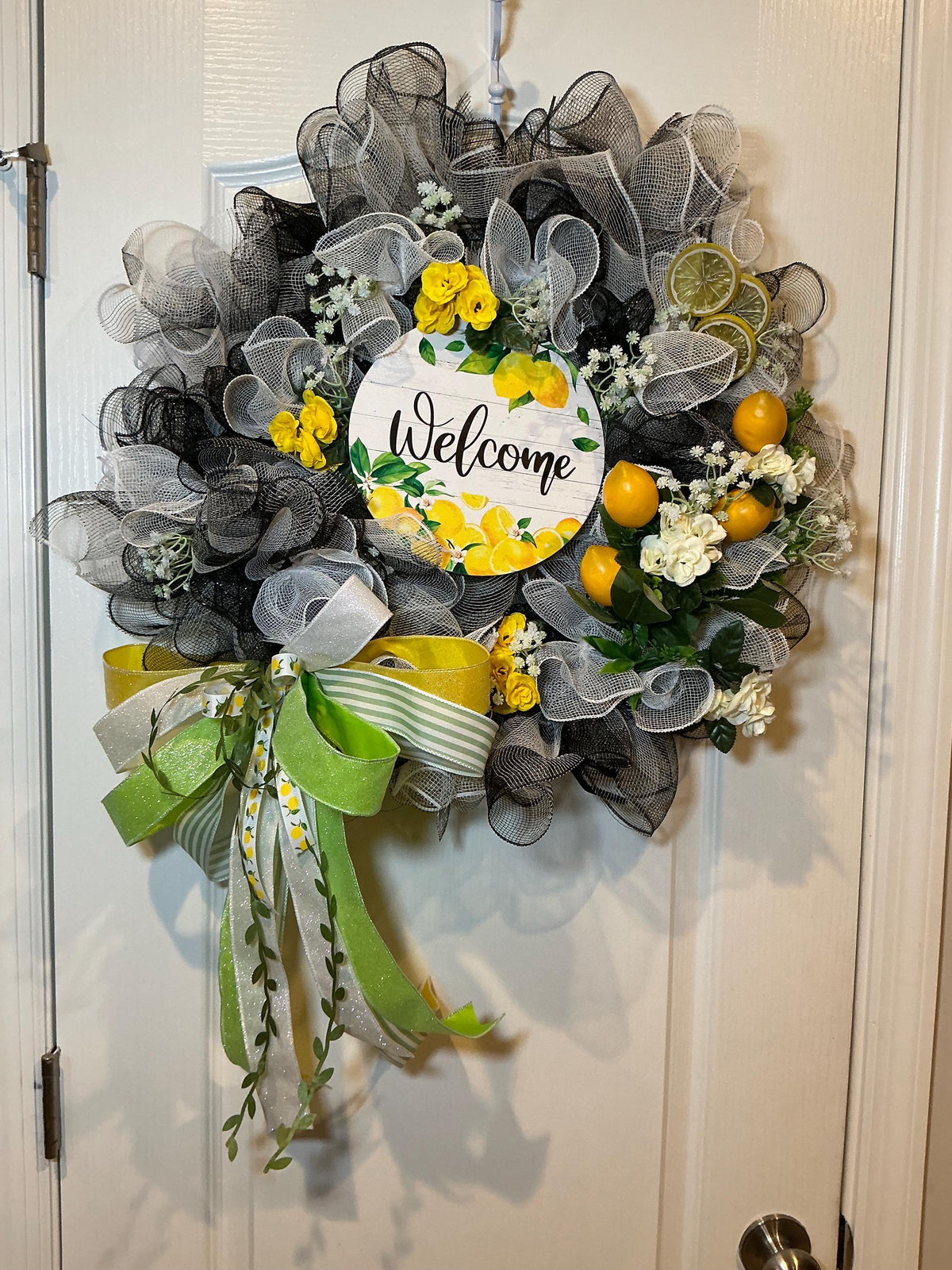 Black and White Lemon Deco Mesh Wreath, Handmade Summer Front Door Decor