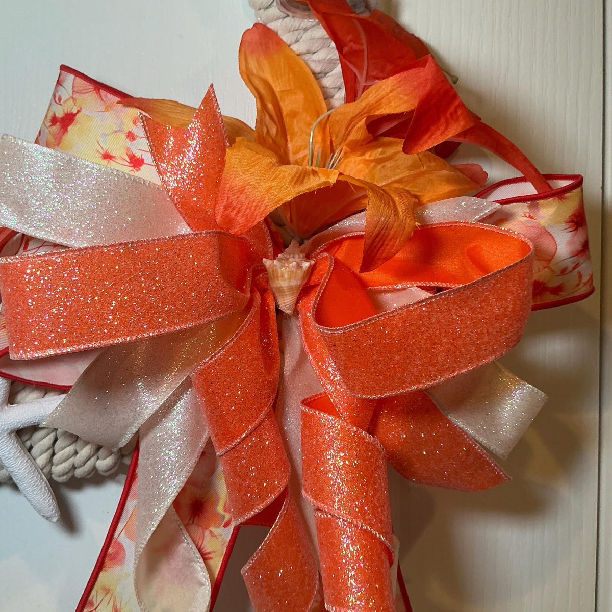 Tropical Orange Coastal Wreath, Rope Starfish Beach Decor, Seashell Nautical Front Door Wreath, Lake House Housewarming Gift, Handmade Summe