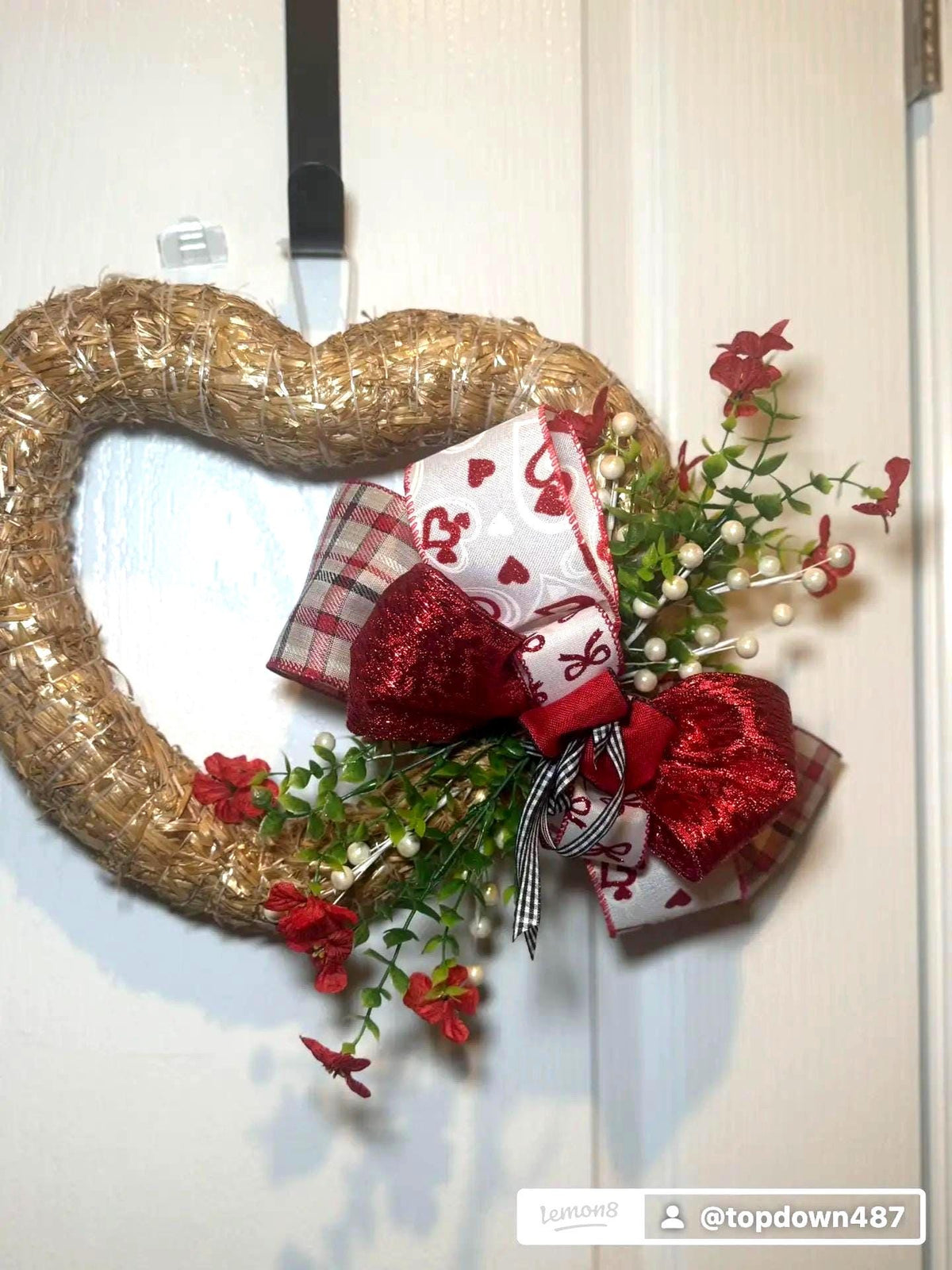 Straw Heart Wreath, Red Flowers, Elegant Ribbon, Valentine's Day Door Decor