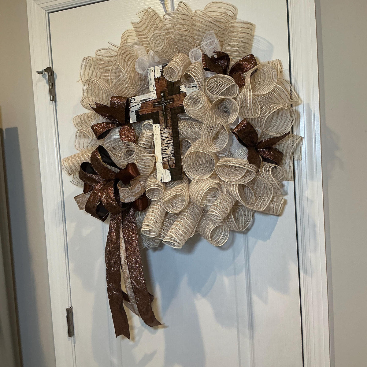 Brown Cream Cross Wreath, Rustic Farmhouse Faith Decor, Religious Christian Church Entryway Sign